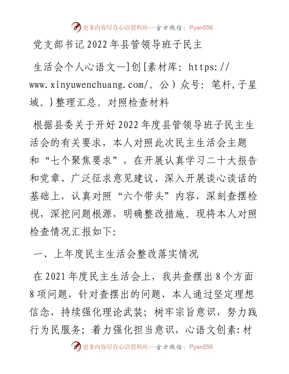 党支部书记县管领导班子民主生活会个人对照检查材料.docx_第1页