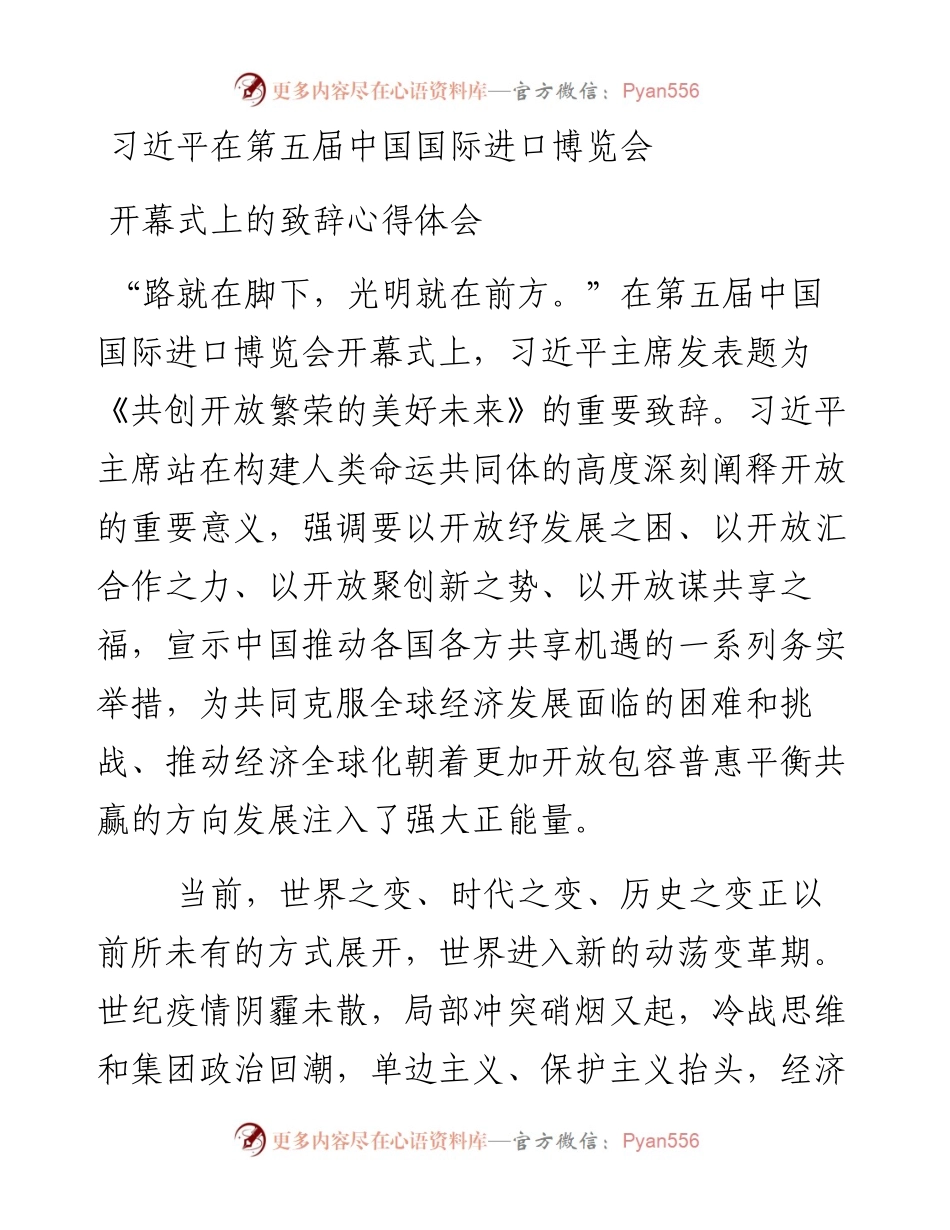 习近平在第五届中国国际进口博览会开幕式上的致辞心得体会.docx_第1页