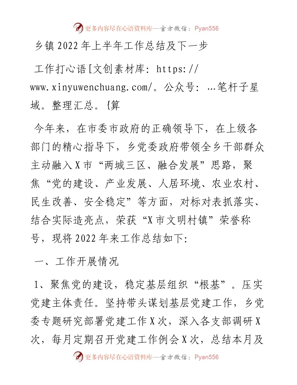 乡镇上半年工作总结及下一步工作打算.docx_第1页