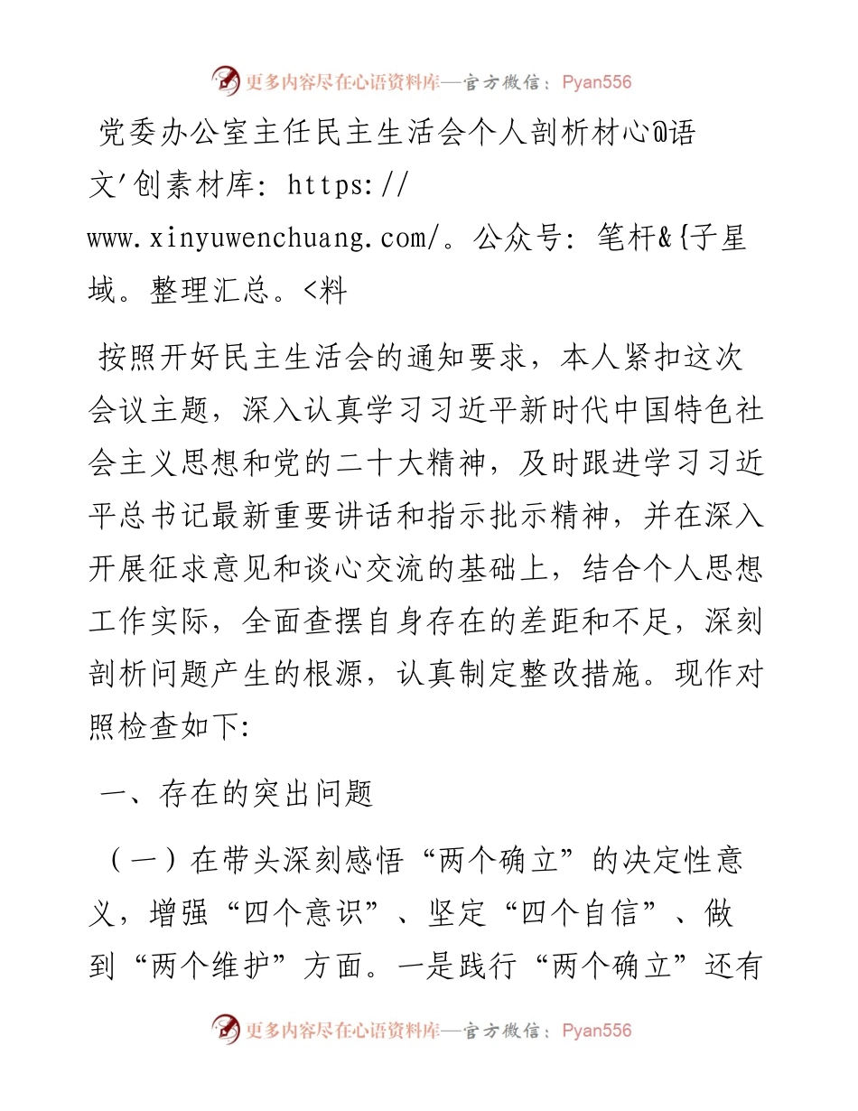 党委办公室主任民主生活会个人剖析材料.docx_第1页