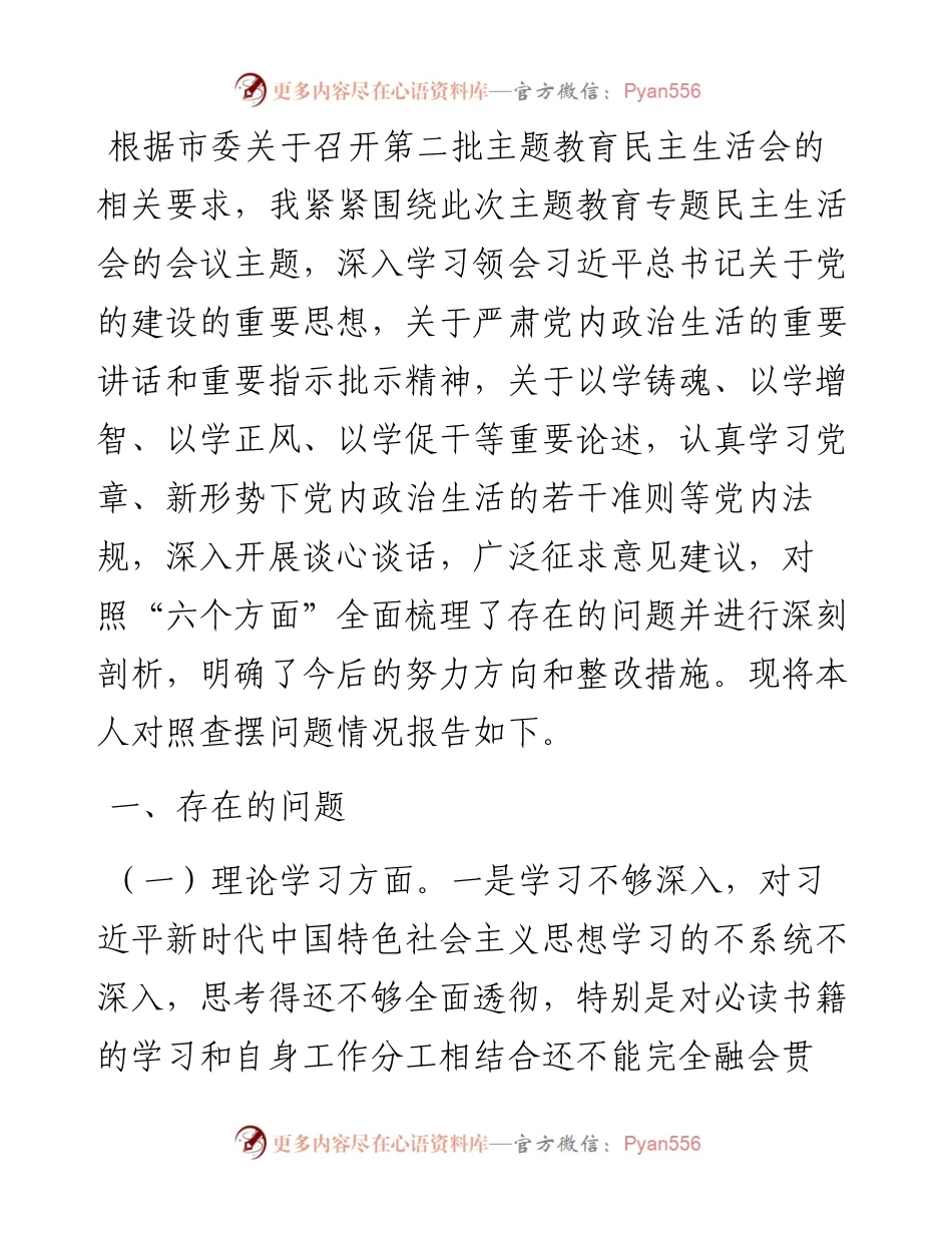 党员领导干部2023年主题教育专题民主生活会个人对照检查材料（六个方面）.docx_第1页