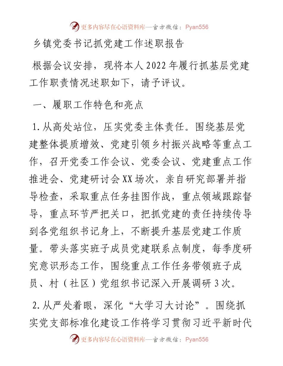 乡、镇党委书记抓党建工作述职报告.docx_第1页