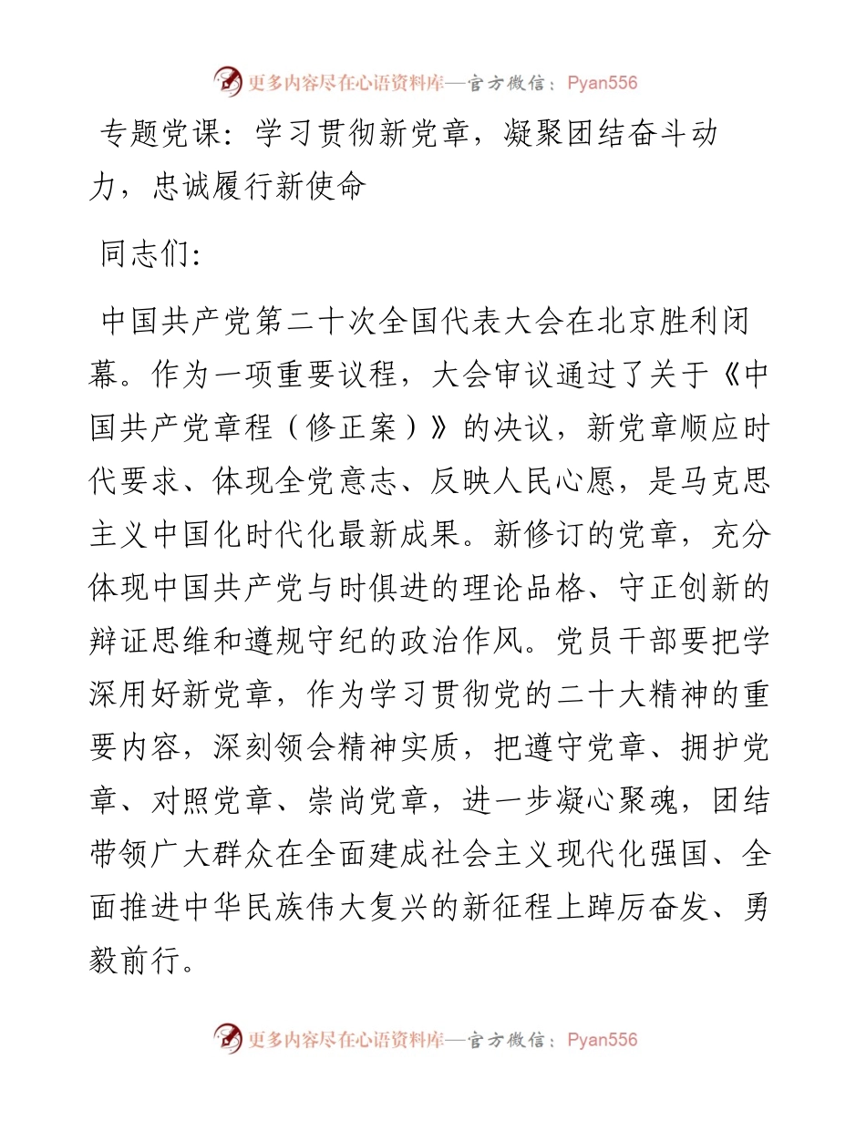 党章专题党课：学习贯彻新党章，凝聚团结奋斗动力，忠诚履行新使命.docx_第1页