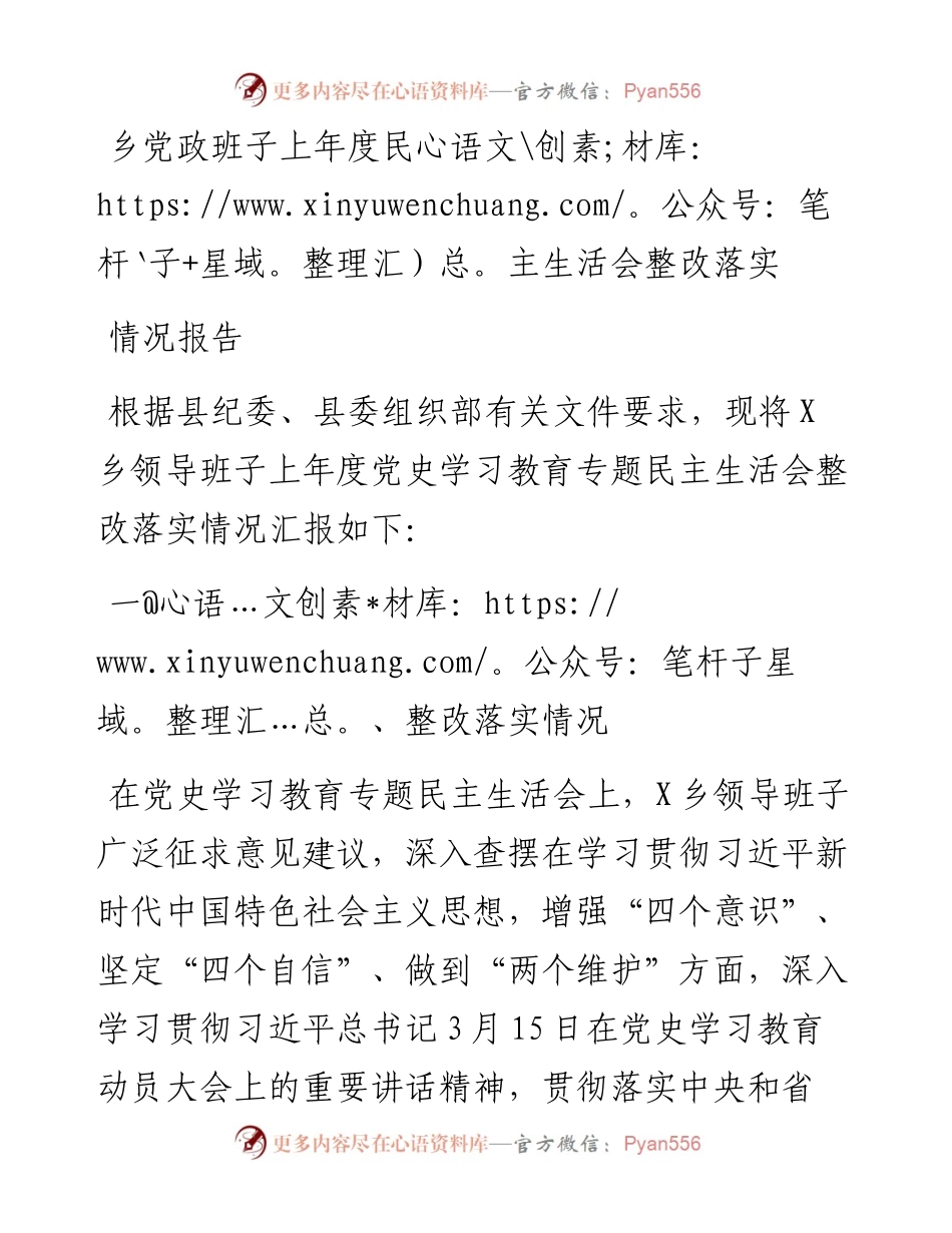 乡党政班子上年度民主生活会整改落实情况报告.docx_第1页