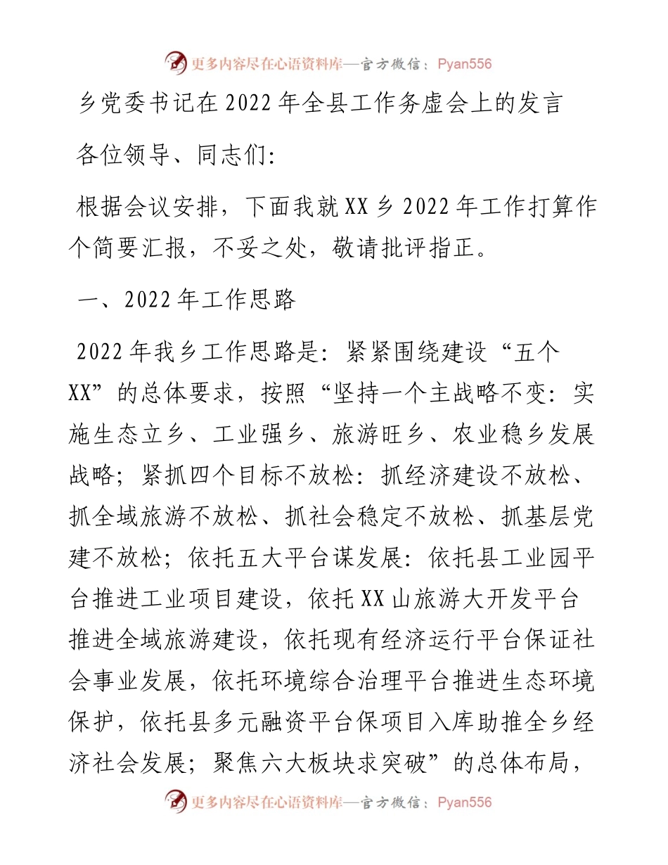 乡党委书记在全县工作务虚会上的发言.docx_第1页