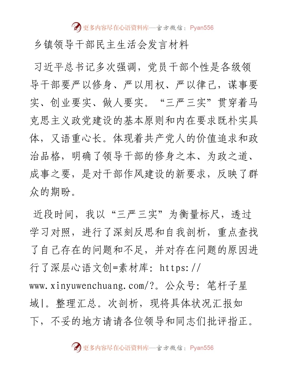 乡镇领导干部民主生活会发言材料.docx_第1页