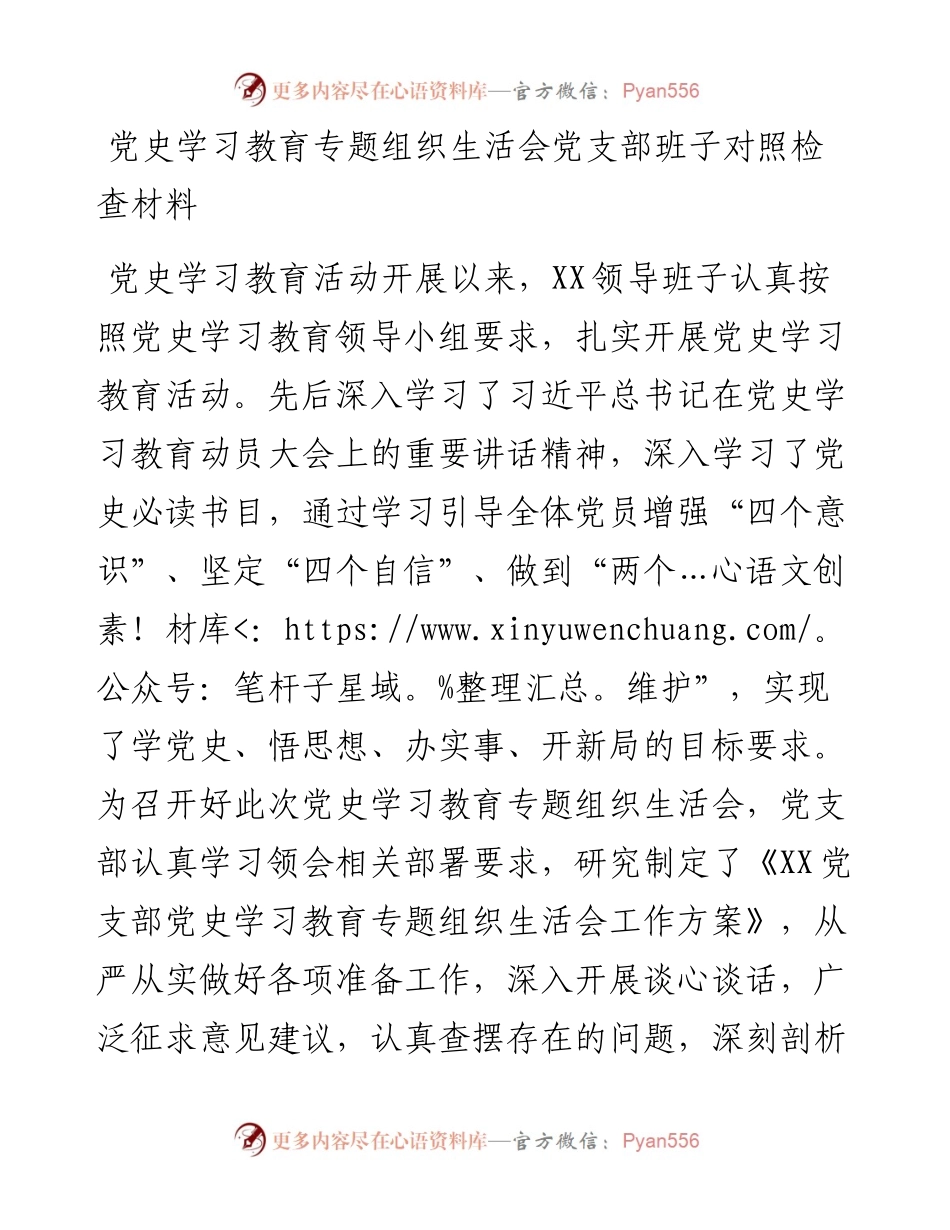 党史学习教育专题组织生活会党支部班子对照检查材料.docx_第1页