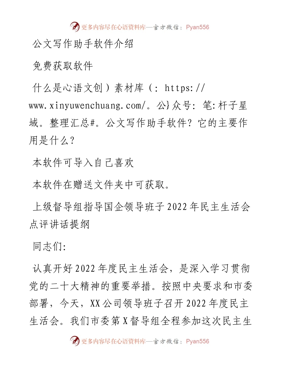 上级督导组指导国企领导班子民主生活会点评讲话提纲.docx_第1页