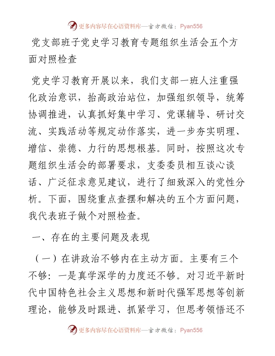 党支部班子党史学习教育专题组织生活会五个方面对照检查.docx_第1页