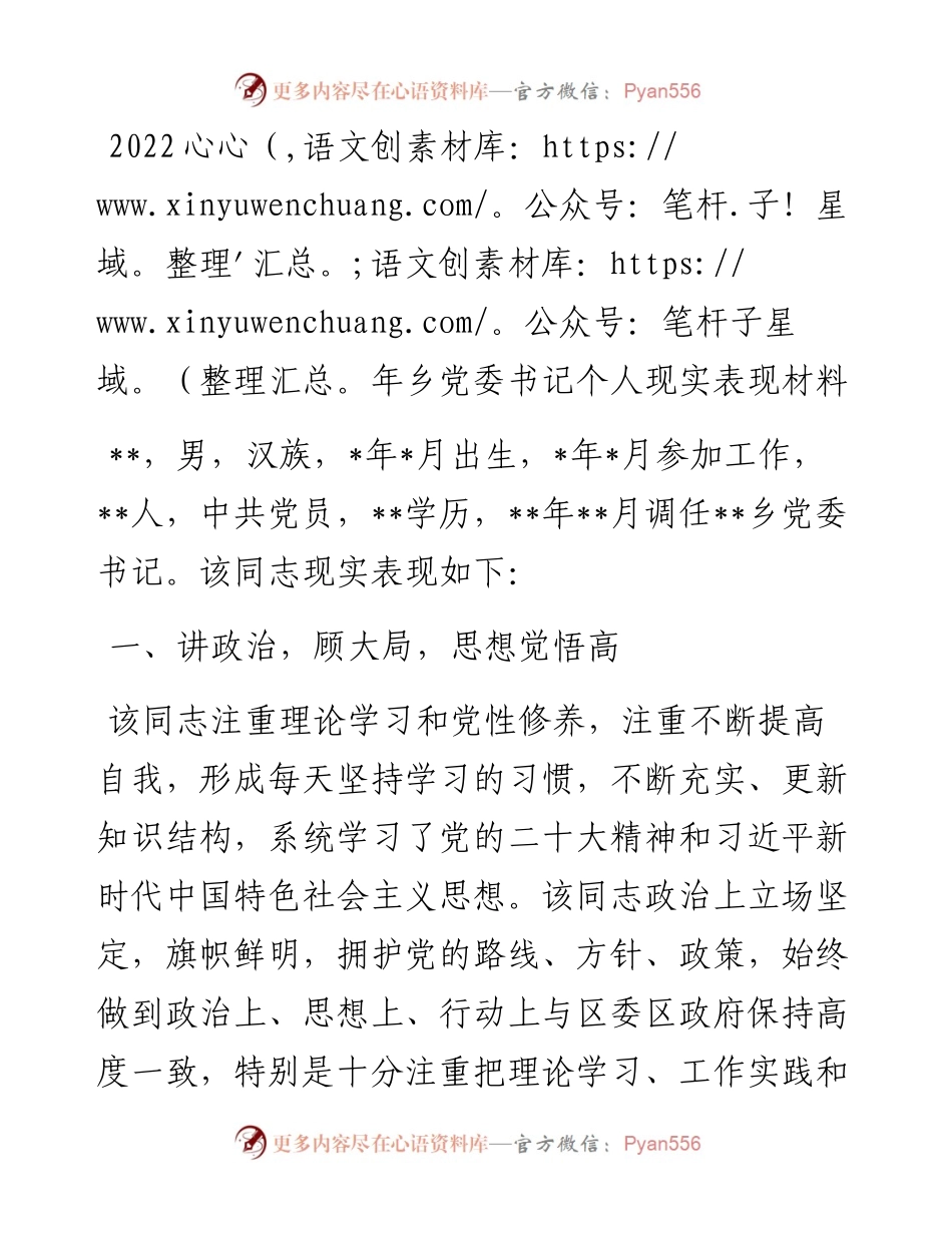 乡党委书记个人现实表现材料.docx_第1页