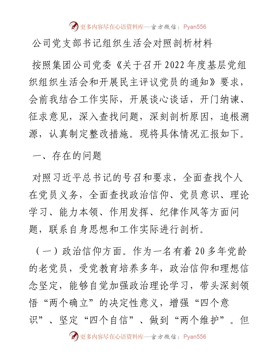 公司党支部书记组织生活会对照剖析材料.docx_第1页