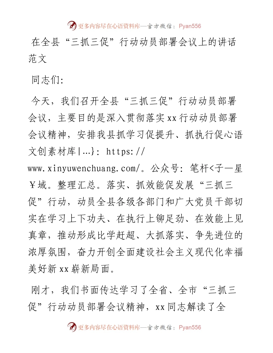 全县三抓三促行动动员部署工作会议讲话学习提升执行落实效能发展.docx_第1页