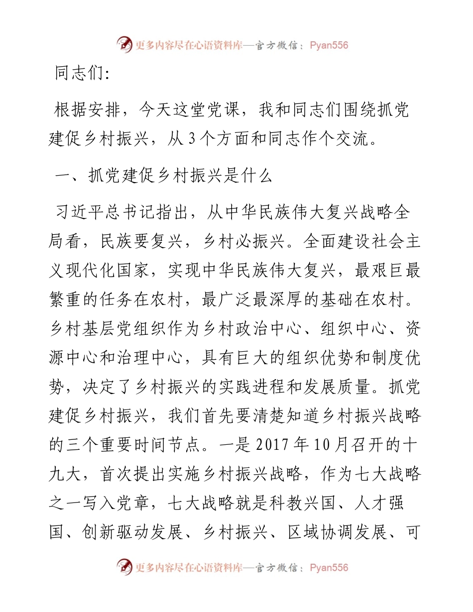 党课：坚持党建引领 促进乡村振兴.docx_第1页