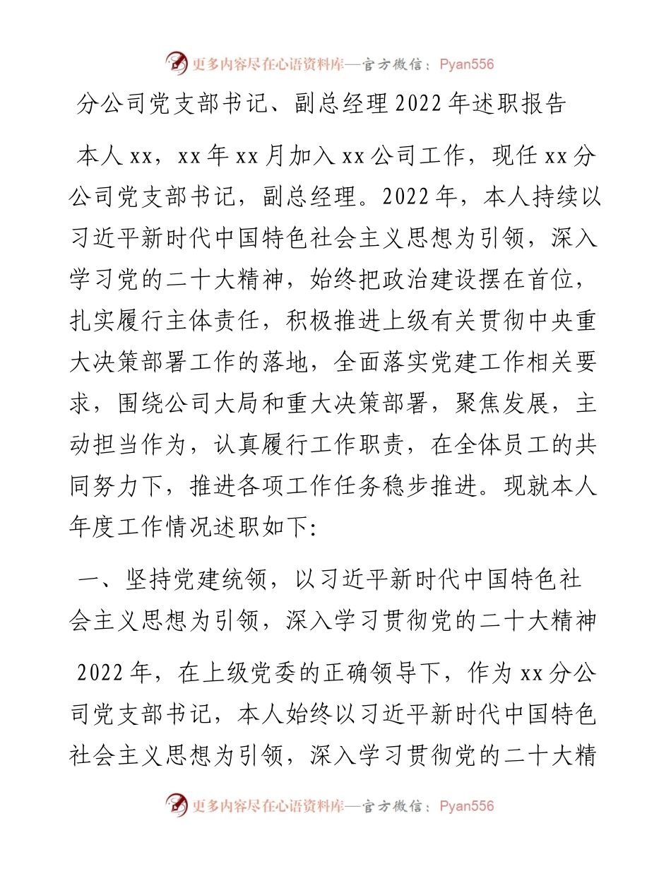 分公司党支部书记、副总经理述职报告.docx_第1页