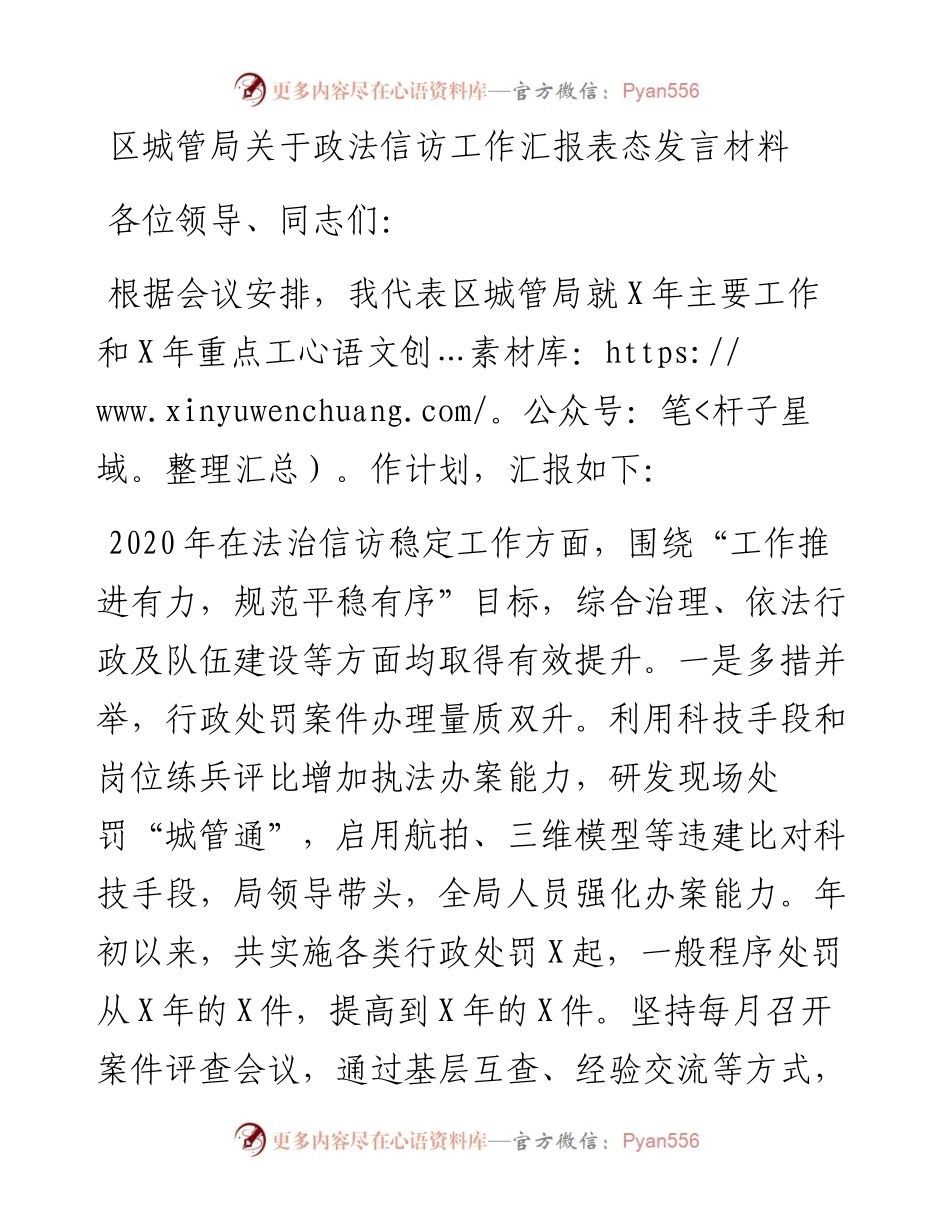 区城管局关于政法信访工作汇报表态发言材料.docx_第1页
