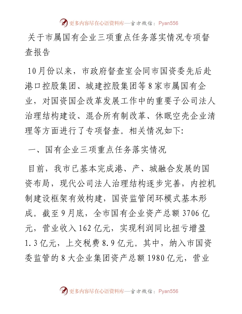 关于市属国有企业三项重点任务落实情况专项督查报告.docx_第1页