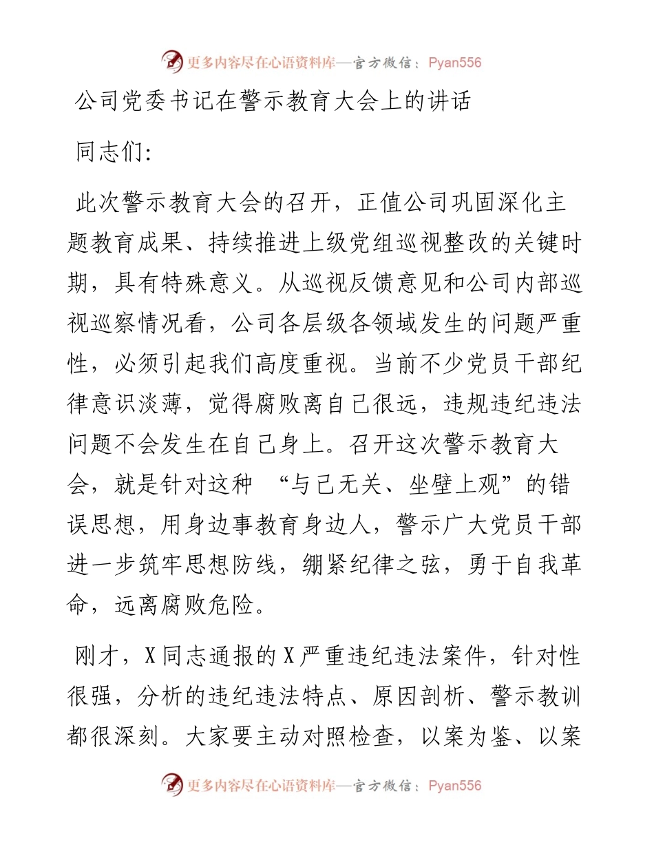 公司党委书记在警示教育大会上的讲话.docx_第1页