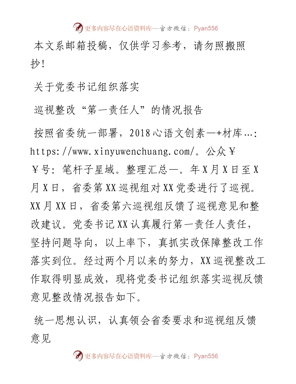 关于党委书记组织落实巡视整改“第一责任人”的情况报告(范文).docx_第1页