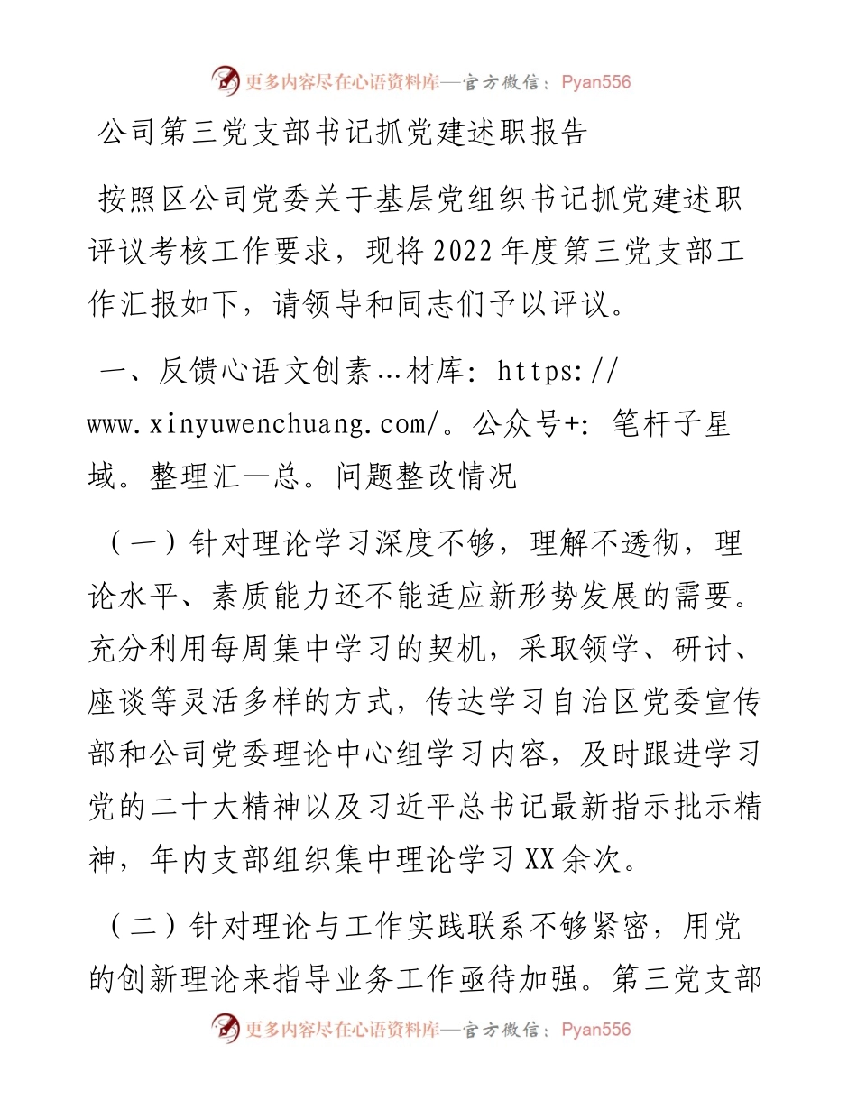 公司第三党支部书记抓党建述职报告.docx_第1页