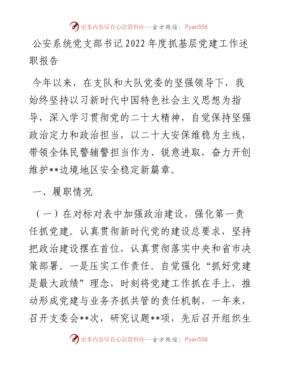 公安系统党支部书记度抓基层党建工作述职报告.docx_第1页