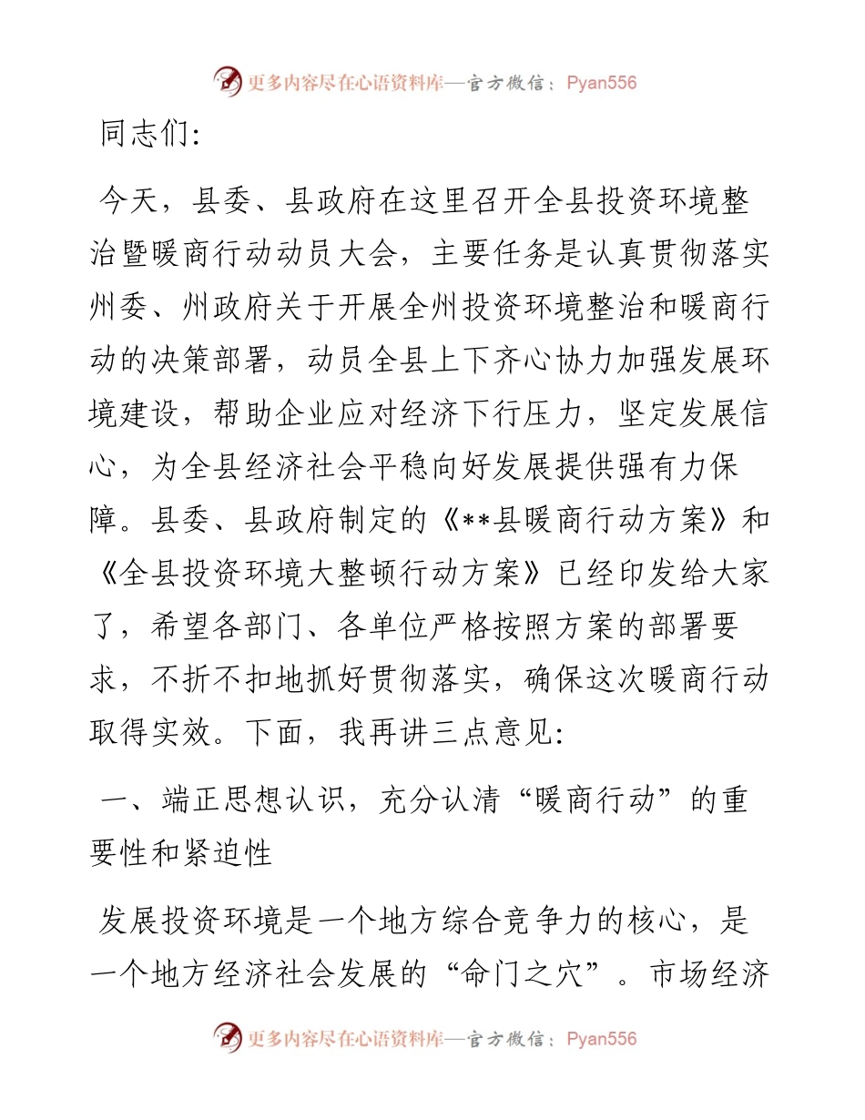 副县长在全县投资环境整治暨暖商行动动员大会上的讲话.docx_第1页