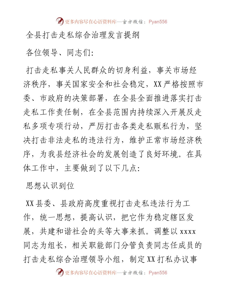 全县打击走私综合治理发言提纲.docx_第1页