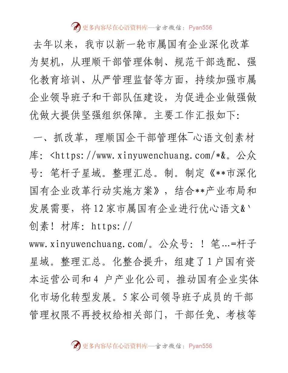 加强市属国有企业干部队伍建设工作汇报.docx_第1页