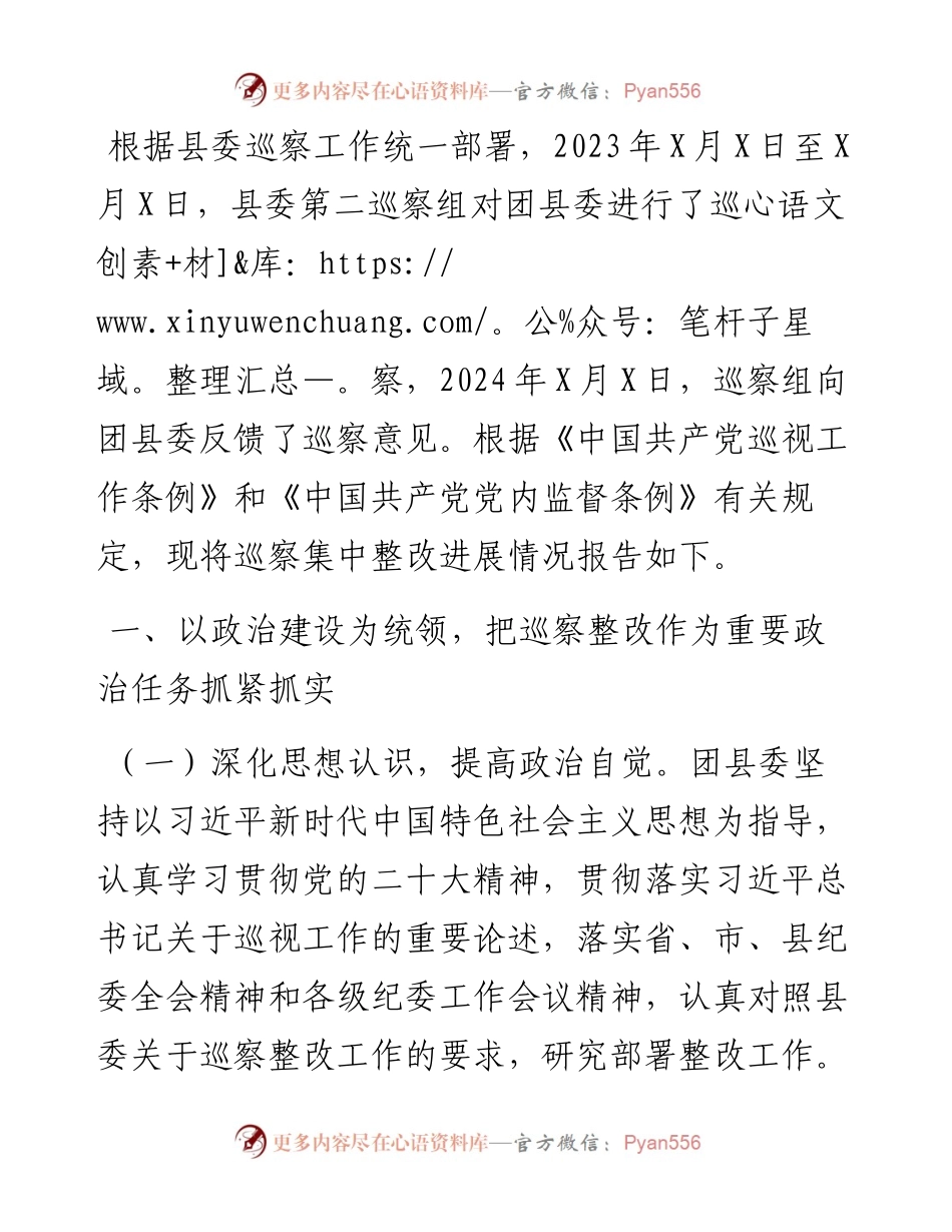 共青团县委员会关于巡察集中整改进展情况的报告.docx_第1页