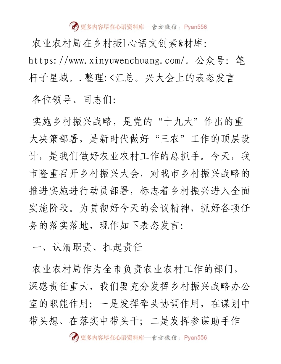 农业农村局在乡村振兴大会上的表态发言.docx_第1页