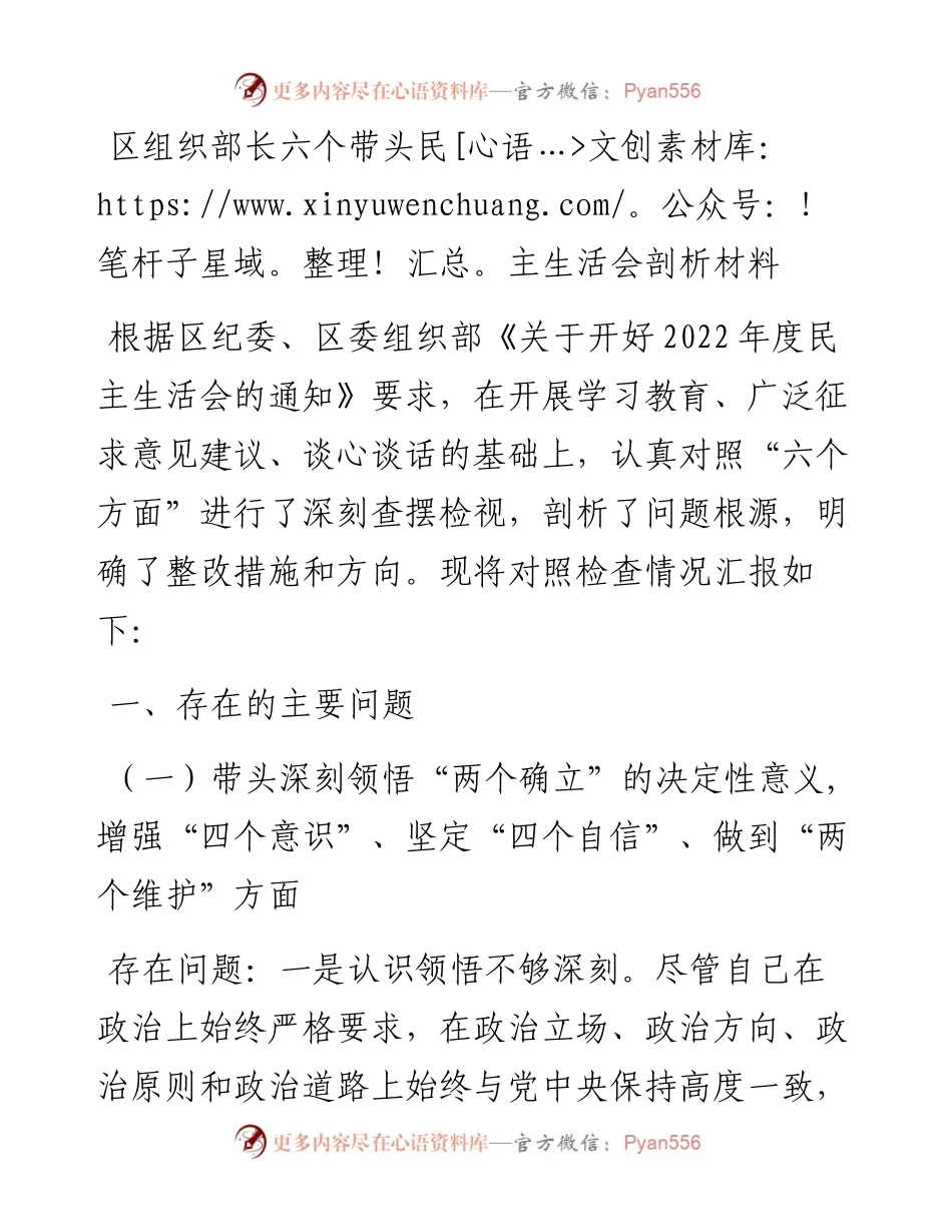 区组织部长六个带头民主生活会剖析材料.docx_第1页
