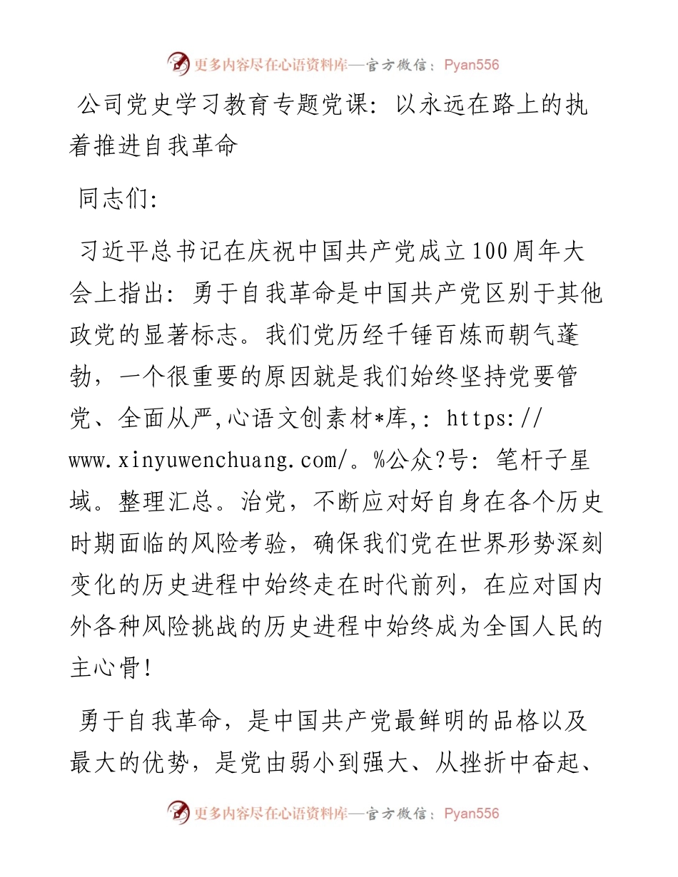 公司党史学习教育专题党课：以永远在路上的执着推进自我革命.docx_第1页