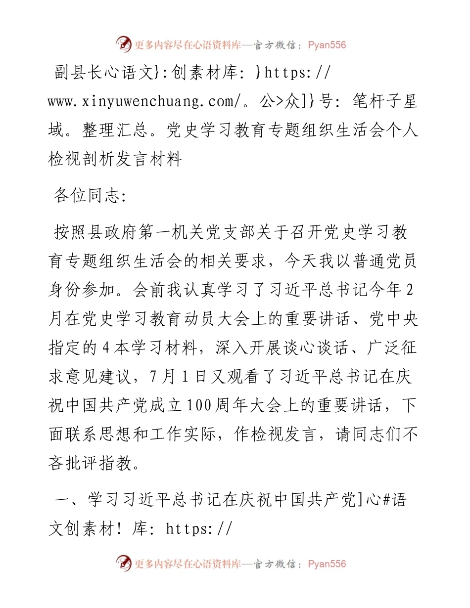 副县长党史学习教育专题组织生活会个人检视剖析发言材料.docx_第1页