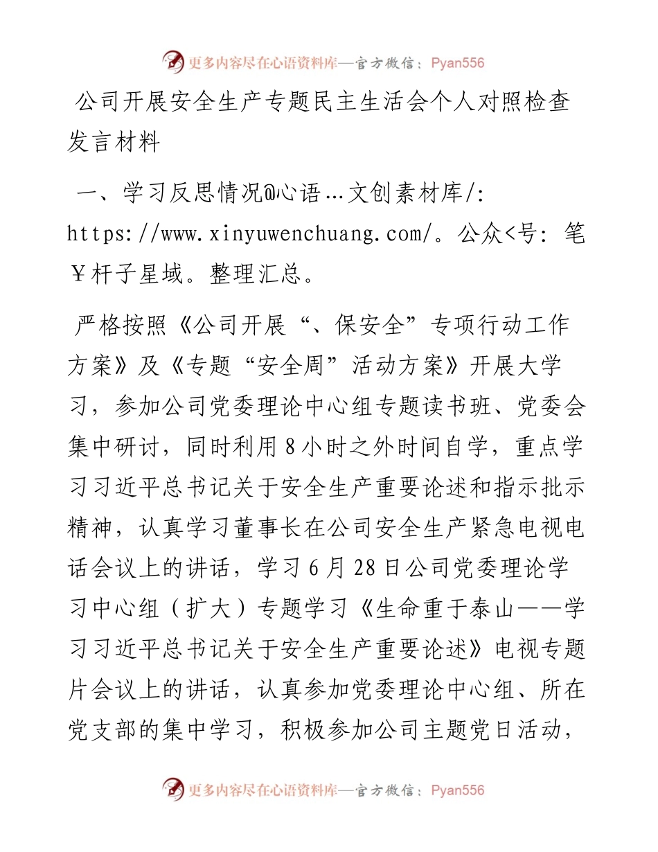 公司开展安全生产专题民主生活会个人对照检查发言材料.docx_第1页