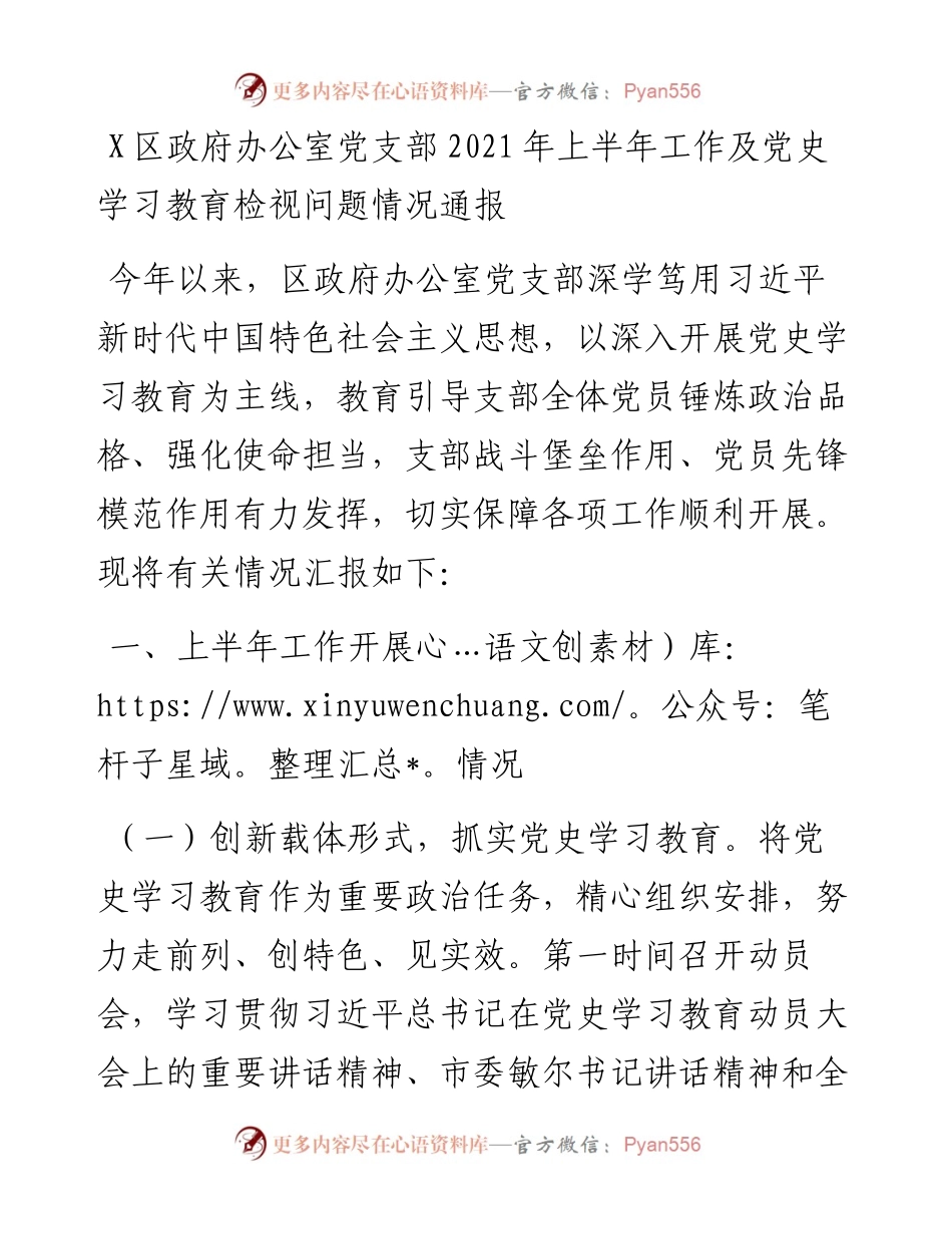 区政府办公室党支部上半年工作及党史学习教育检视问题情况通报.docx_第1页