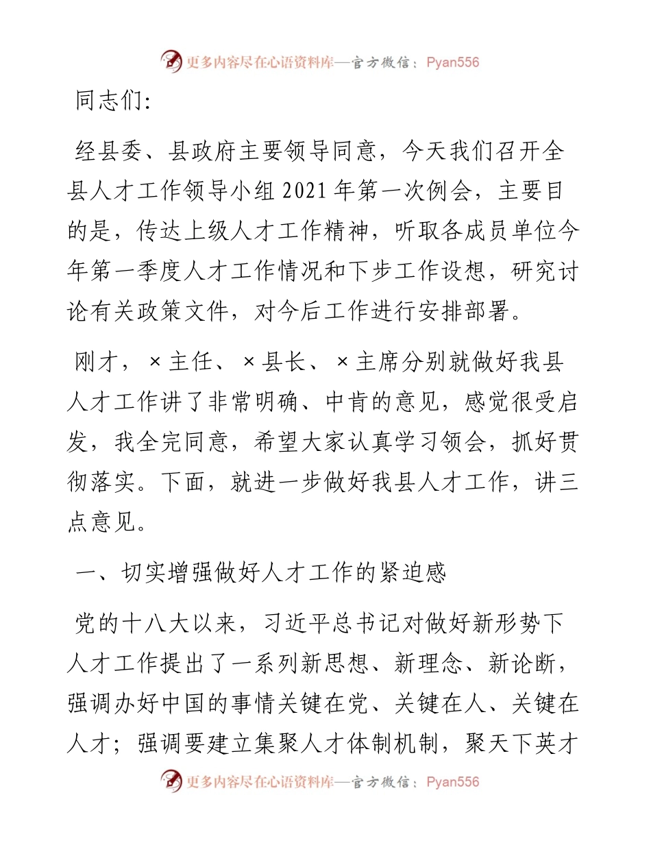 县人才工作领导小组第一次例会主持总结讲话.docx_第1页