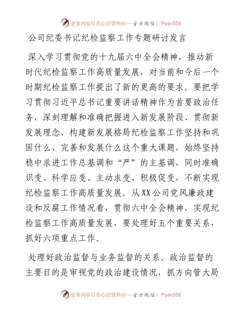 公司纪委书记纪检监察工作专题研讨发言.docx_第1页
