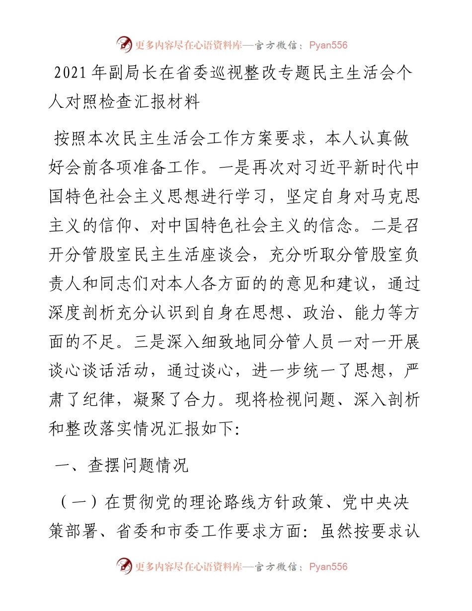 副局长在省委巡视整改专题民主生活会个人对照检查汇报材料.docx_第1页