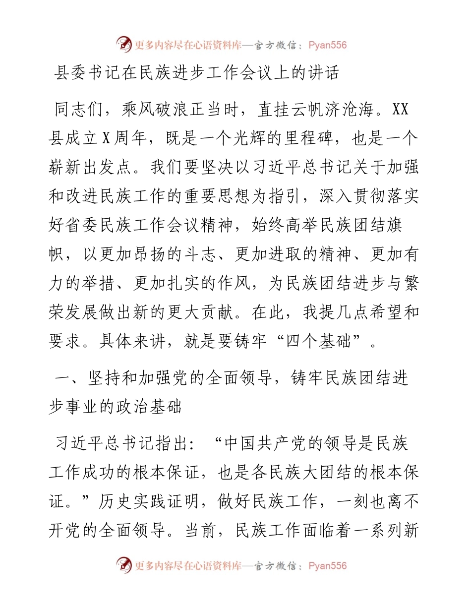 县委书记在民族进步工作会议上的讲话.docx_第1页