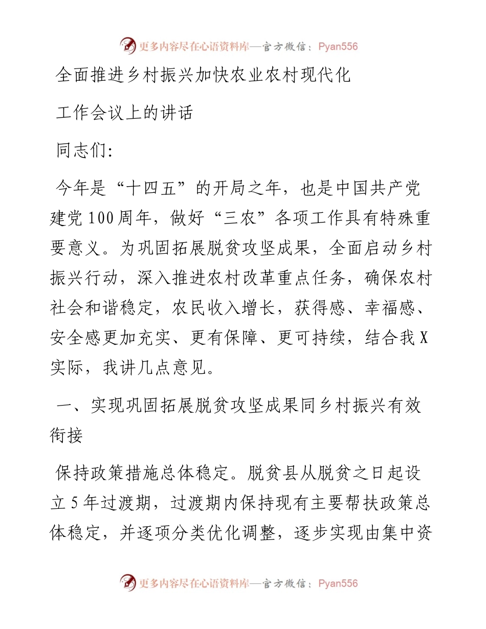 全面推进乡村振兴加快农业农村现代化工作会议上的讲话.docx_第1页