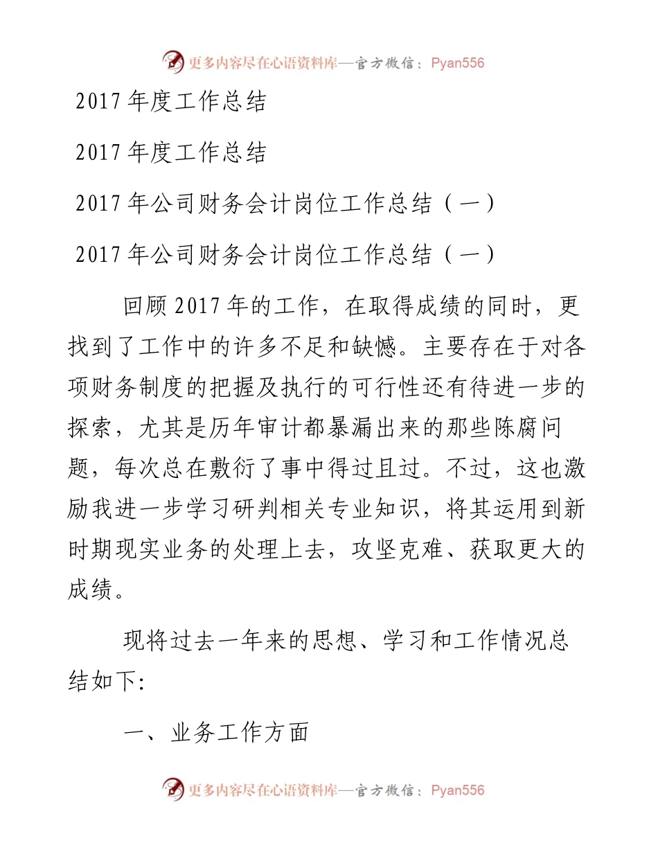 公司财务会计岗位工作总结（一）.docx_第1页