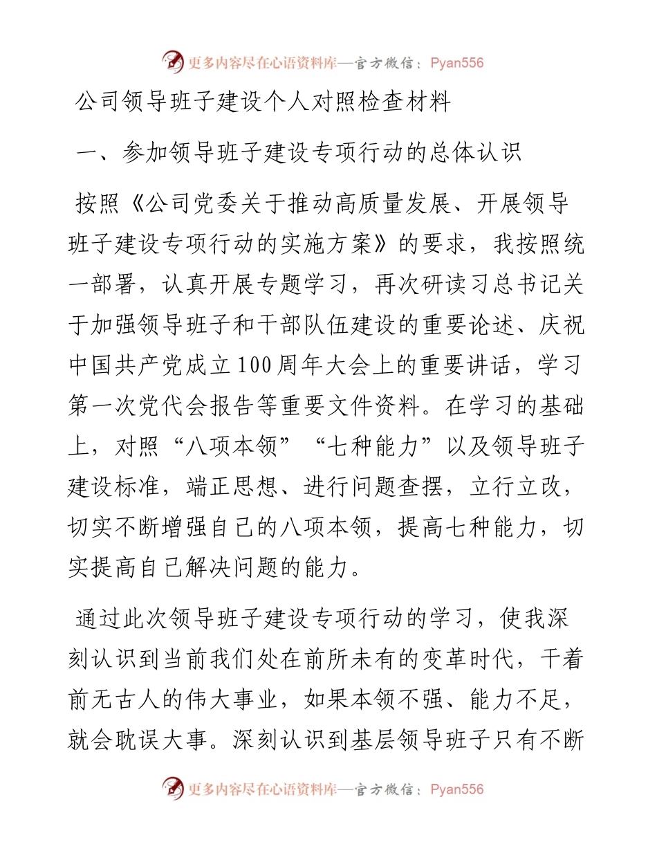 公司领导班子建设个人对照检查材料.docx_第1页