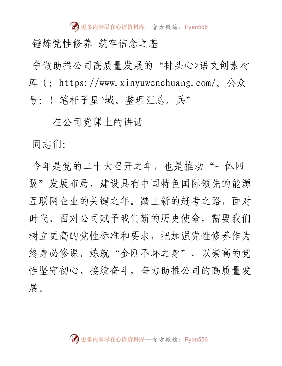 公司党课：锤炼党性修养，筑牢信念之基争做助推公司高质量发展的“排头兵”.docx_第1页
