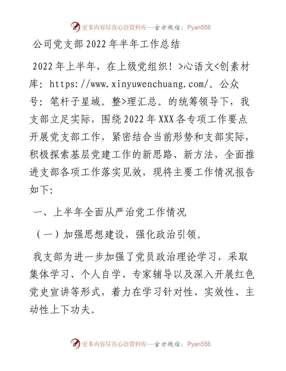 公司党支部半年工作总结.docx_第1页