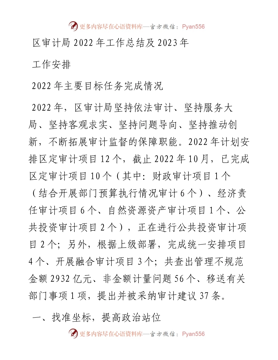 区审计局工作总结及2023年工作安排.docx_第1页