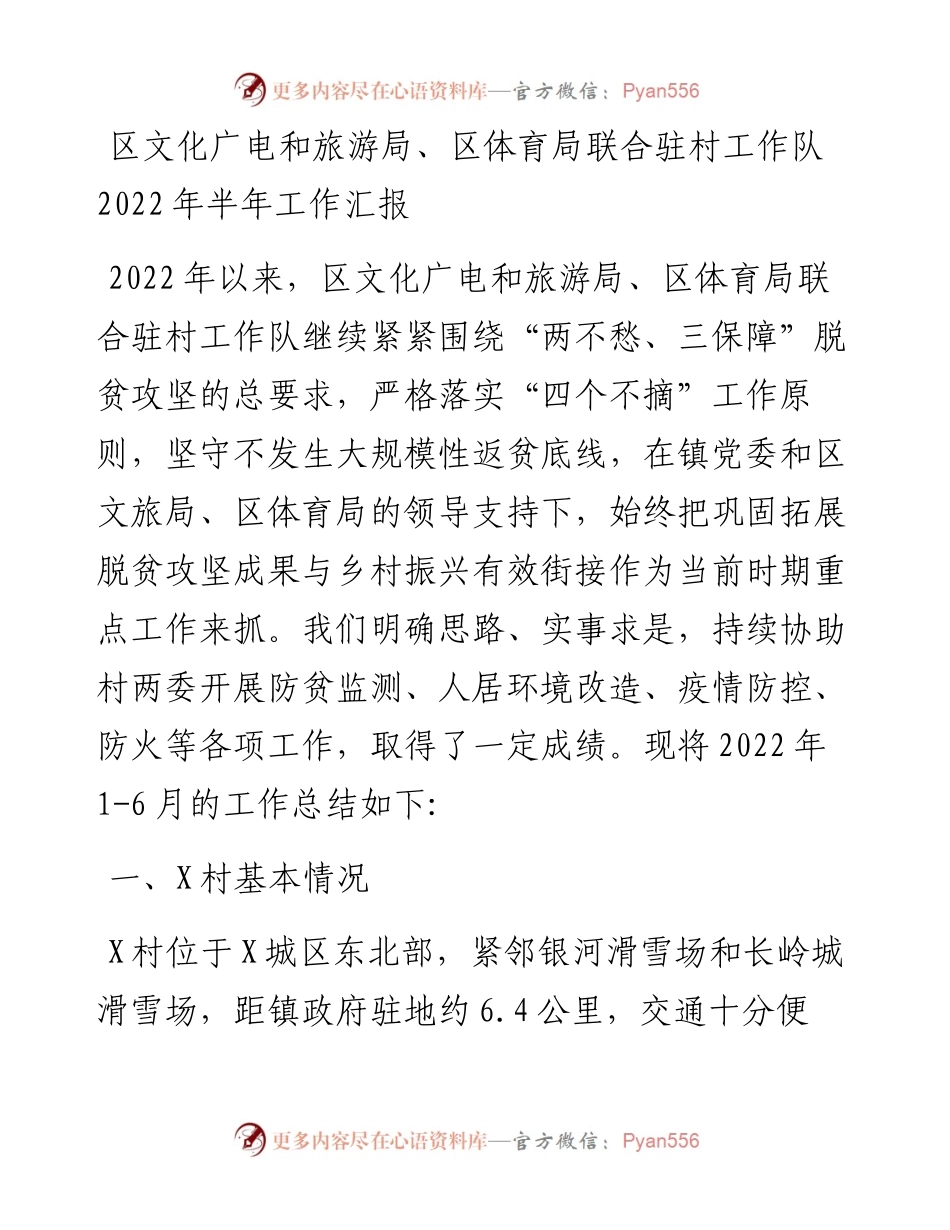 区文化广电和旅游局、区体育局联合驻村工作队半年工作汇报.docx_第1页
