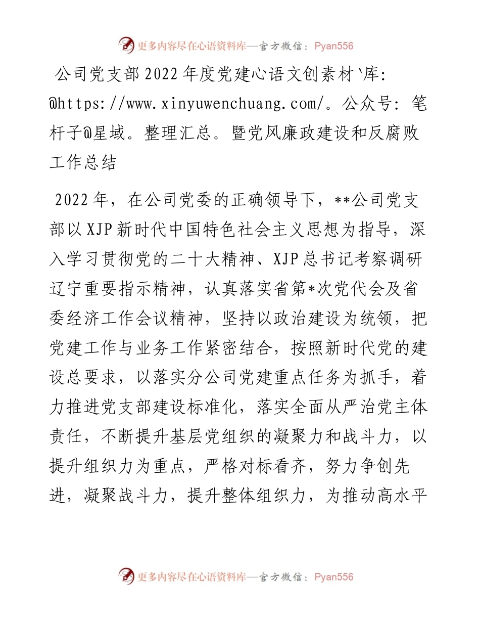 公司党支部度党建暨党风廉政建设和反腐败工作总结.docx_第1页