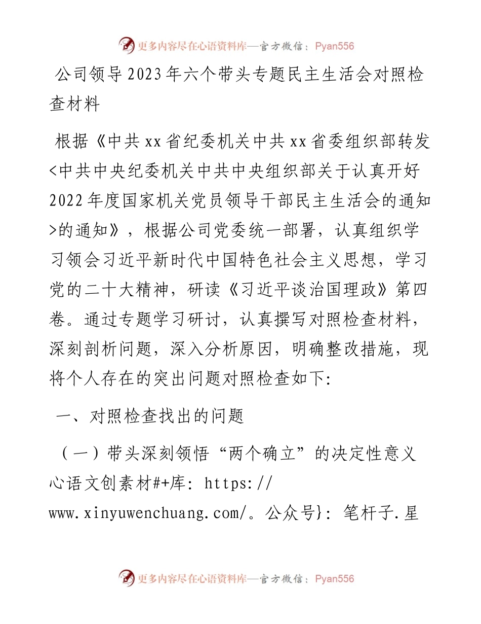 公司领导2023年六个带头专题民主生活会对照检查材料.docx_第1页