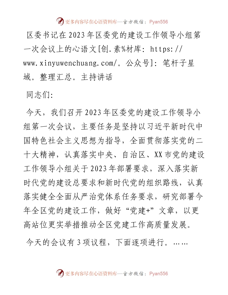 区委书记在2023年区委党的建设工作领导小组第一次会议上的主持讲话.docx_第1页