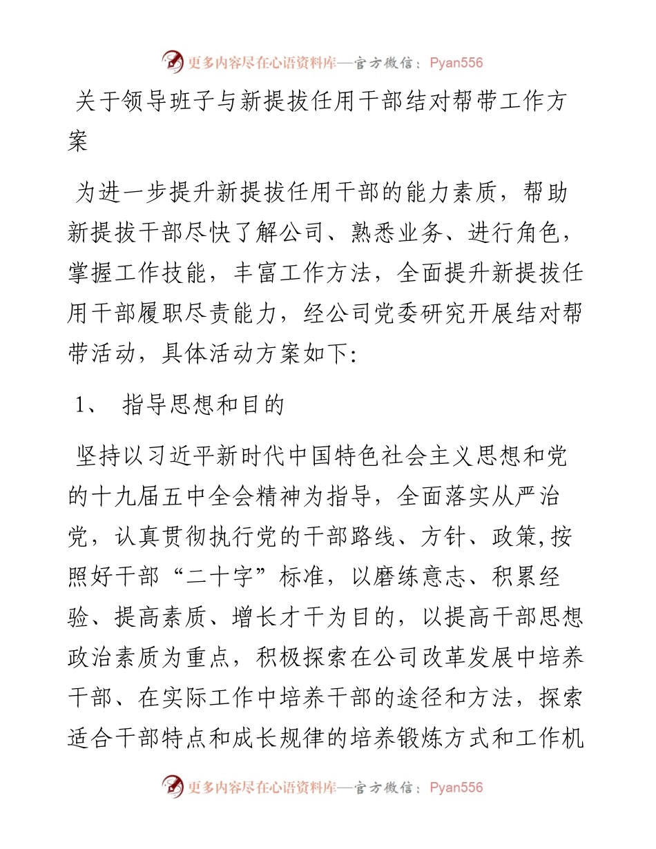 关于领导班子与新提拔任用干部结对帮带工作方案(1).docx_第1页