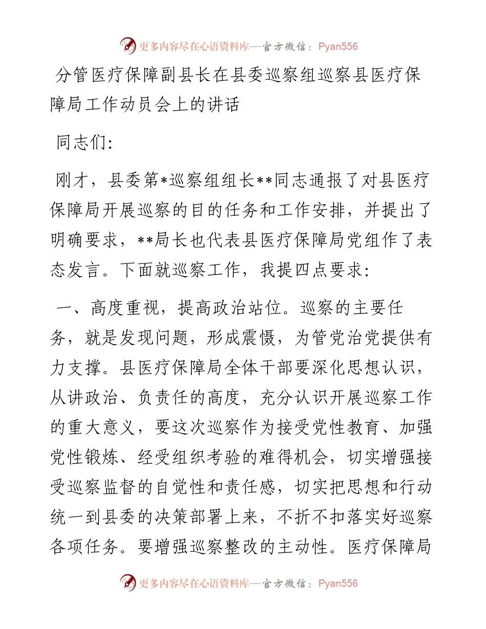 分管医疗保障副县长在县委巡察组巡察县医疗保障局工作动员会上的讲话.docx_第1页